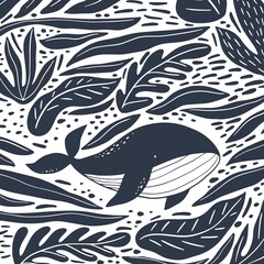 Cute wild Whale - Vector illustration. Cartoon whale, characters in scandinavian style for children. Seamless pattern with whale © NadezdaBarkova