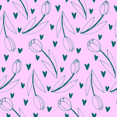 Vector seamless pattern with outline tulip flowers and hearts. Hand drawn doodle spring texture, background. For wrapping paper, textile, mother's or women's or Valentine's Day