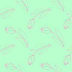 Vector seamless pattern with outline tulip flowers. Hand drawn doodle spring texture, background. For wrapping paper, textile, mother's or women's or Valentine's Day