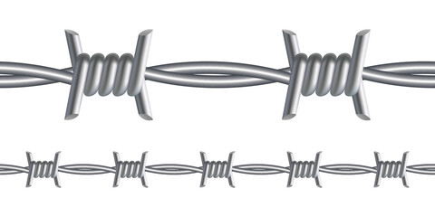 Barbed wire. Repetitive, seamless border of steel fencing barb wire isolated on white background. Vector realistic gradient mesh element for your design.