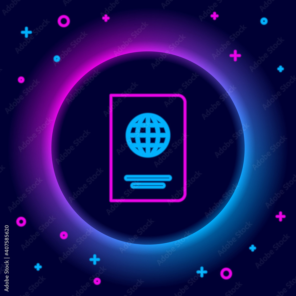 Poster glowing neon line passport with biometric data icon isolated on black background. identification doc