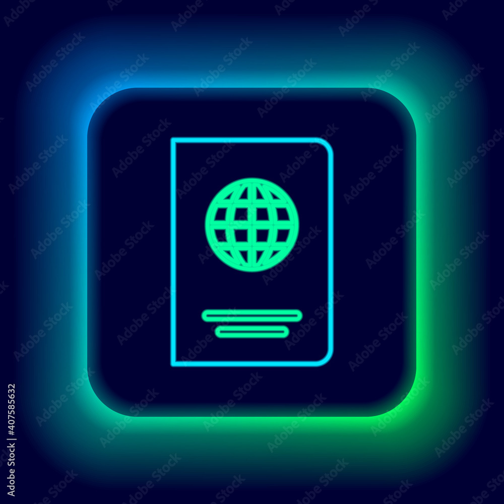 Poster glowing neon line passport with biometric data icon isolated on black background. identification doc