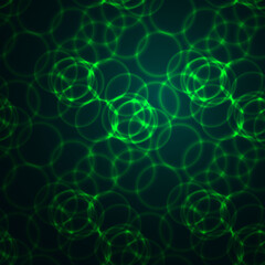Dark green glitter circles on a dark background sparkles with rays of bokeh lights. Festive Elegant Abstract Background. Vector.