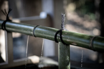 手水場の竹から流れる水