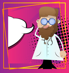 Funny cartoon doctor looking through binoculars. Vector illustration.