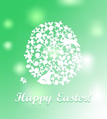 Easter greeting green shining card with paper cutting decorative egg with bunny