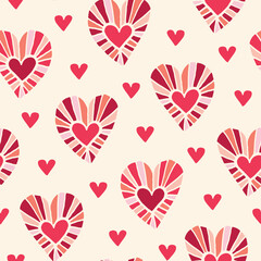 Valentine's Day Holiday Hand-Drawn Doodle Colorful Hearts on Cream Background Vector Seamless Pattern. Retro Bright Whimsical Feminine Print for Fashion, Packaging, Wrapping