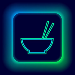 Glowing neon line Bowl with asian food and pair of chopsticks silhouette icon isolated on black background. Concept of prepare, eastern diet. Colorful outline concept. Vector.