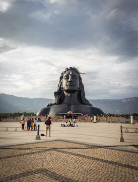 adiyogi lord shiva statue from unique different angles image is taken at coimbatore india on jan 10 2019 showing the god statue in mountain and sky background. This is the symbol of faith in God.