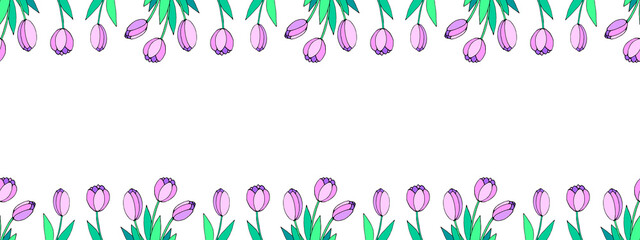 Spring flowers. Frame from pink tulips. Vector doodle hand drawn isolated. Horizontal top and bottom edging, border, decoration for greeting card, invitation, Valentine's, Women's or Mother day