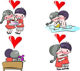 vector cartoon boy and girl fall in love emoji set