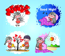 vector cartoon boy and girl fall in love emoji set