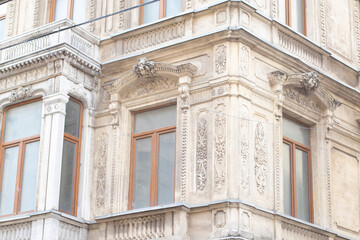 Old european buildings facade with fretwork. Closeup of the of a building, on the streets of Istanbul, Turkey