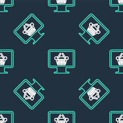 Line Computer monitor with shopping basket icon isolated seamless pattern on black background. Online Shopping cart. Supermarket basket symbol. Vector.