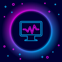 Glowing neon line Computer monitor with cardiogram icon isolated on black background. Monitoring icon. ECG monitor with heart beat hand drawn. Colorful outline concept. Vector.