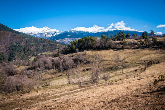 Mirador en Ribes de Freses de las monta&ntilde;as del Pirineo nevadas. Rutas de senderismo por el valle de Nuria