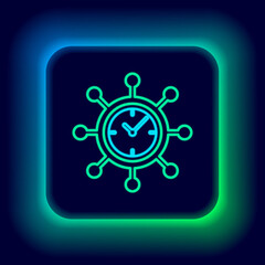 Glowing neon line Clock and gear icon isolated on black background. Time Management symbol. Business concept. Hub and spokes and clock solid icon. Colorful outline concept. Vector.