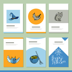 Set with different cute templates with halloween symbols for festive invitations. Cards for your design and advertisement