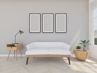 sofa in grey room with picture frame and reading lamp, 3d rendering