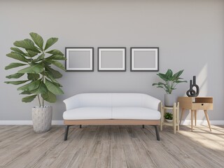 sofa in grey room with picture frame and little trees, 3d rendering