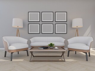 sofa and armchair in grey room with picture frame , 3d rendering