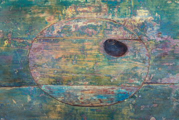Fototapeta na wymiar Old wooden countertop with an oval cutout in the center
