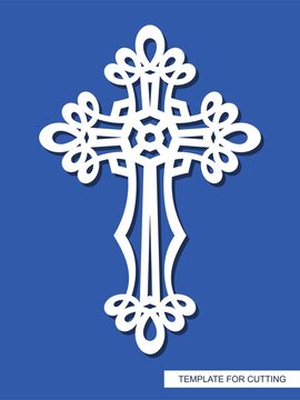 Cross with curly ornament. Decorative religious element for Easter, Christening. Template for plotter laser cutting (cnc), wood carving, paper cut, metal engraving or printing. Vector illustration.