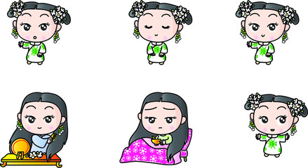 vector cartoon china Court drama girl emoji set