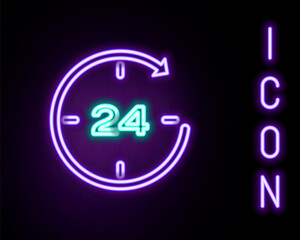 Glowing neon line Clock 24 hours icon isolated on black background. All day cyclic icon. 24 hours service symbol. Colorful outline concept. Vector.