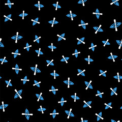 Line Kayak and paddle icon isolated seamless pattern on black background. Kayak and canoe for fishing and tourism. Outdoor activities. Vector.