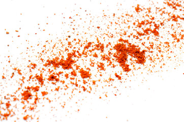 Pile of red pepper powder on a white background. Cayenne pepper powder, top view. Red pepper paprika powder isolated on white background, top view. Pile of red powder isolated on white background.