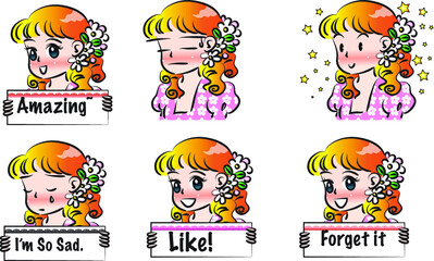 vector cartoon long hair girl emoji set