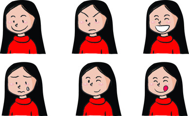 vector cartoon long hair girl emoji set