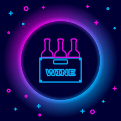 Glowing neon line Bottles of wine in a wooden box icon isolated on black background. Wine bottles in a wooden crate icon. Colorful outline concept. Vector.