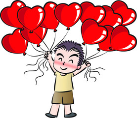 vector cartoon boy holding heart shape balloons 