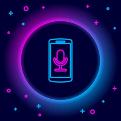 Glowing neon line Mobile recording icon isolated on black background. Mobile phone with microphone. Voice recorder app smartphone interface. Colorful outline concept. Vector.