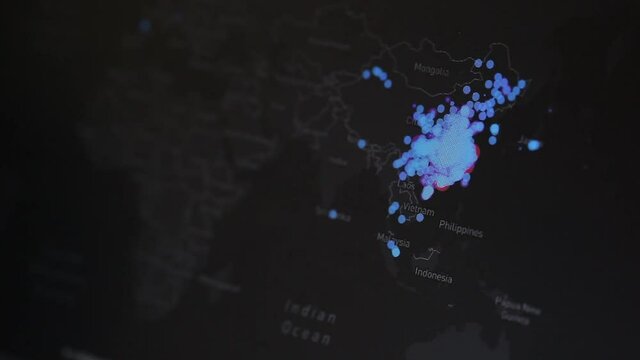 The process of spreading the corona virus in the world. Marked by a point in a region.