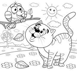 The cat looks at the sparrow coloring pages for children
