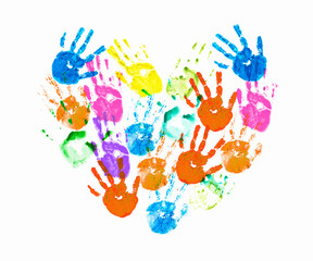Fototapeta premium Heart shaped palm print with multicolor watercolor