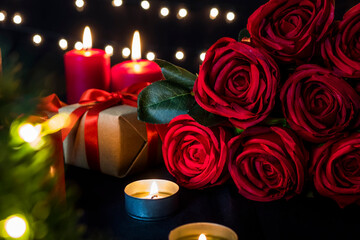 Red roses bouquet with romantic candles and gift box against bokeh lights for valentine day concept.