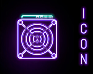 Glowing neon line ASIC Miner icon isolated on black background. Cryptocurrency mining equipment and hardware. Application specific integrated circuit. Colorful outline concept. Vector.