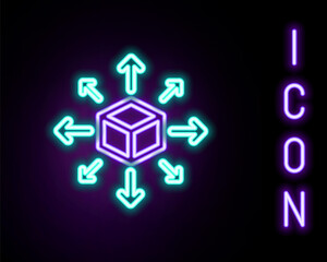 Glowing neon line Distribution icon isolated on black background. Content distribution concept. Colorful outline concept. Vector.