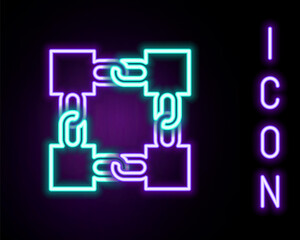 Obraz na płótnie Canvas Glowing neon line Blockchain technology icon isolated on black background. Cryptocurrency data. Abstract geometric block chain network technology business. Colorful outline concept. Vector.