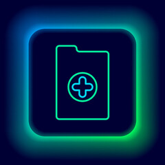 Glowing neon line Medical clipboard with clinical record icon isolated on black background. Health insurance form. Prescription, medical check marks report. Colorful outline concept. Vector.