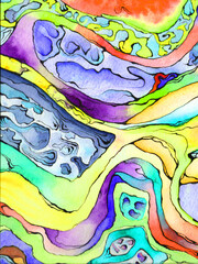 Watercolor abstract wallpaper, paint splashes and gradients, black outlines. Can be used for psychedelic background, wrapping or book cover. Raster stock illustration, traditional drawing.