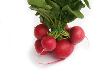 Whole red radishes bouquet isolated on white background. Bunch of fresh radishes