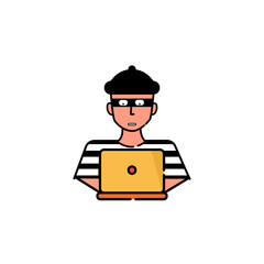 The robber downloading information from computer. Robber isolated icon on white background. Man in black mask and stripped outfit. Vector illustration in flat cartoon design. 