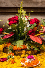 buddhist enlightened footmarks at bodh gaya called cankamana decorated with flowers