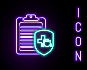 Glowing neon line Clipboard with medical clinical record pet icon isolated on black background. Health insurance form. Medical check marks report. Colorful outline concept. Vector.