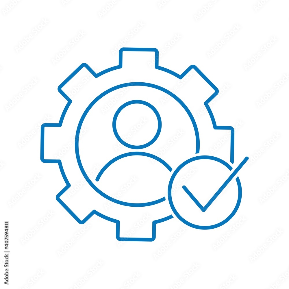 Poster man, gear, check mark. new skills and abilities. vector linear icon isolated on white background.